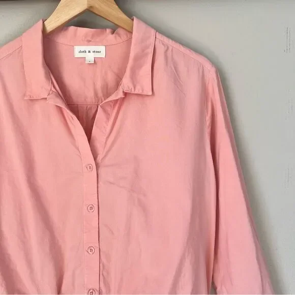 Anthropologie Cloth & Stone Pink Button-Up Long Sleeve Tie Shirt Blouse SZ L - Picture 12 of 16